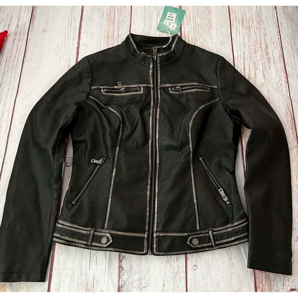 LA Coalition Womens Black Faux Leather Moto Jacket Metallic Trim Size M NEW